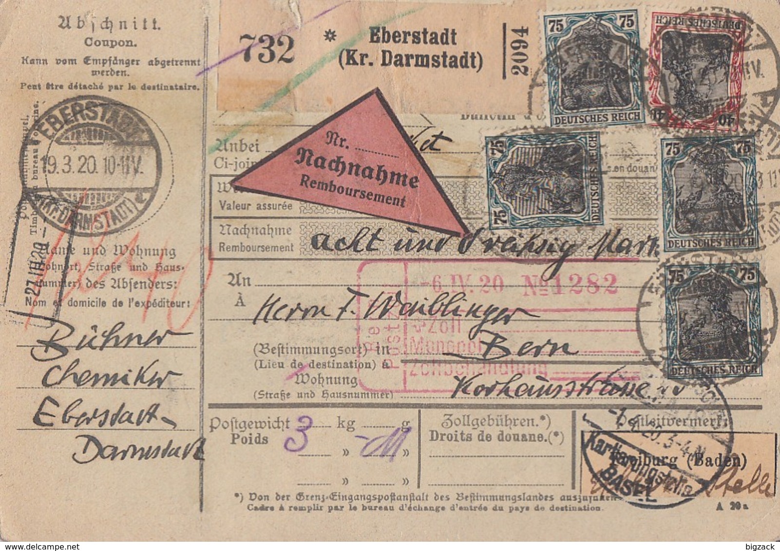 DR NN-Paketkarte Mif Minr.90II,16x 104 Eberstadt 19.3.20 Gel. In Schweiz - Lettres & Documents