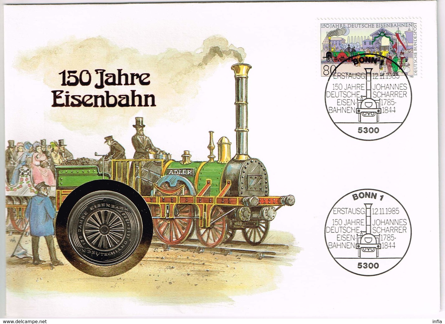 Deutschland 1985, 150 Jahre Eisenbahn, Numisbrief 5 DM  Münzpräge G - 5 Mark