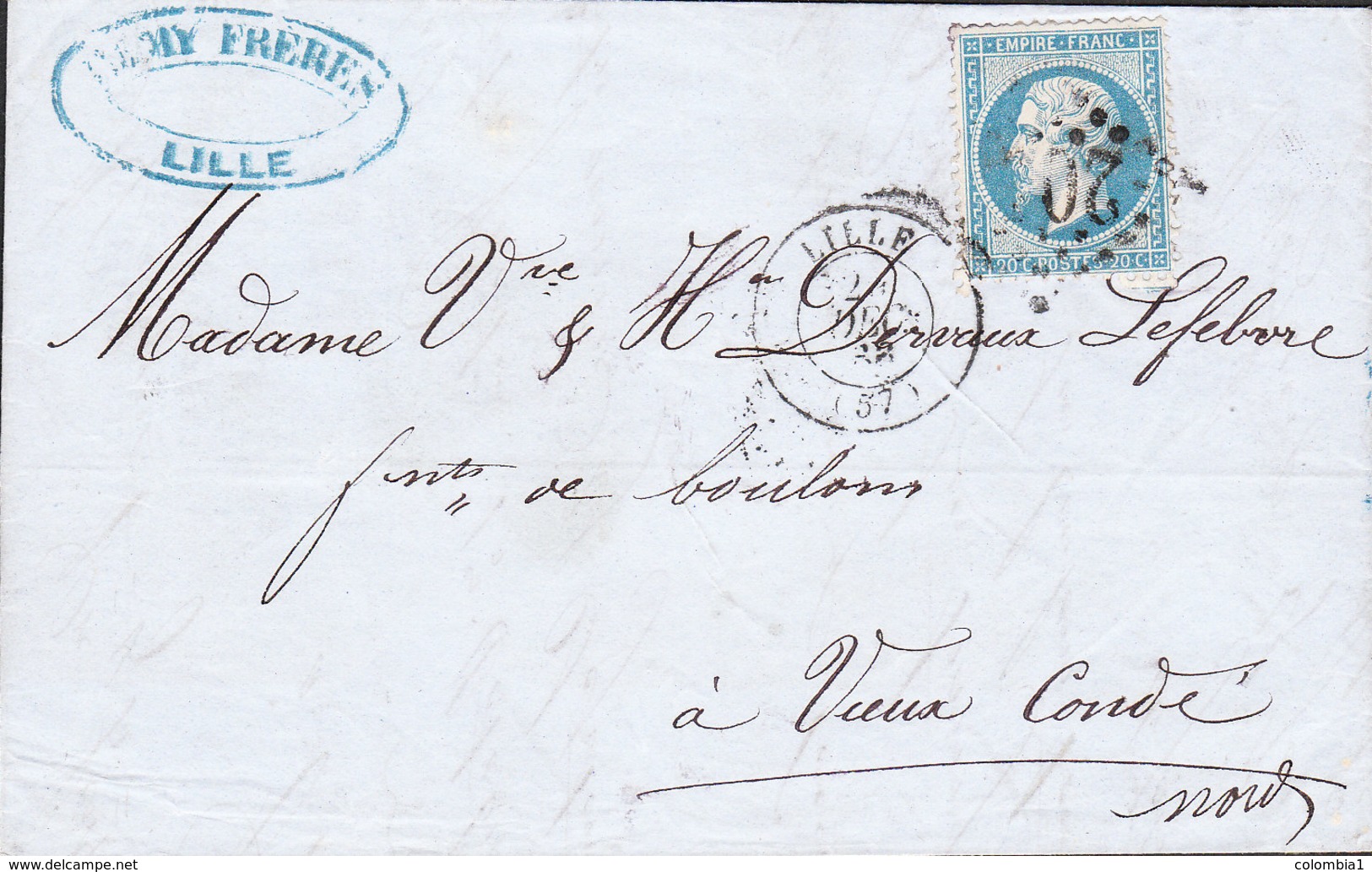 Lettre Empire 20c Ets REMY Frères Fabrique De Clous De LILLE De 29 Dec1866 Via VAUX CONDE (Nord) - 1849-1876: Periodo Clásico