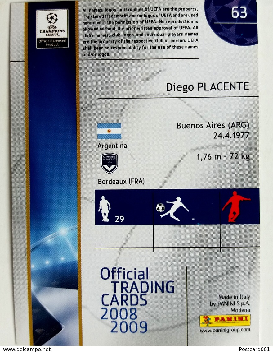Diego Placente (ARG) Team Bordeaux (France) - Official Trading Card Champions League 2008-2009, Panini Italy - Singles