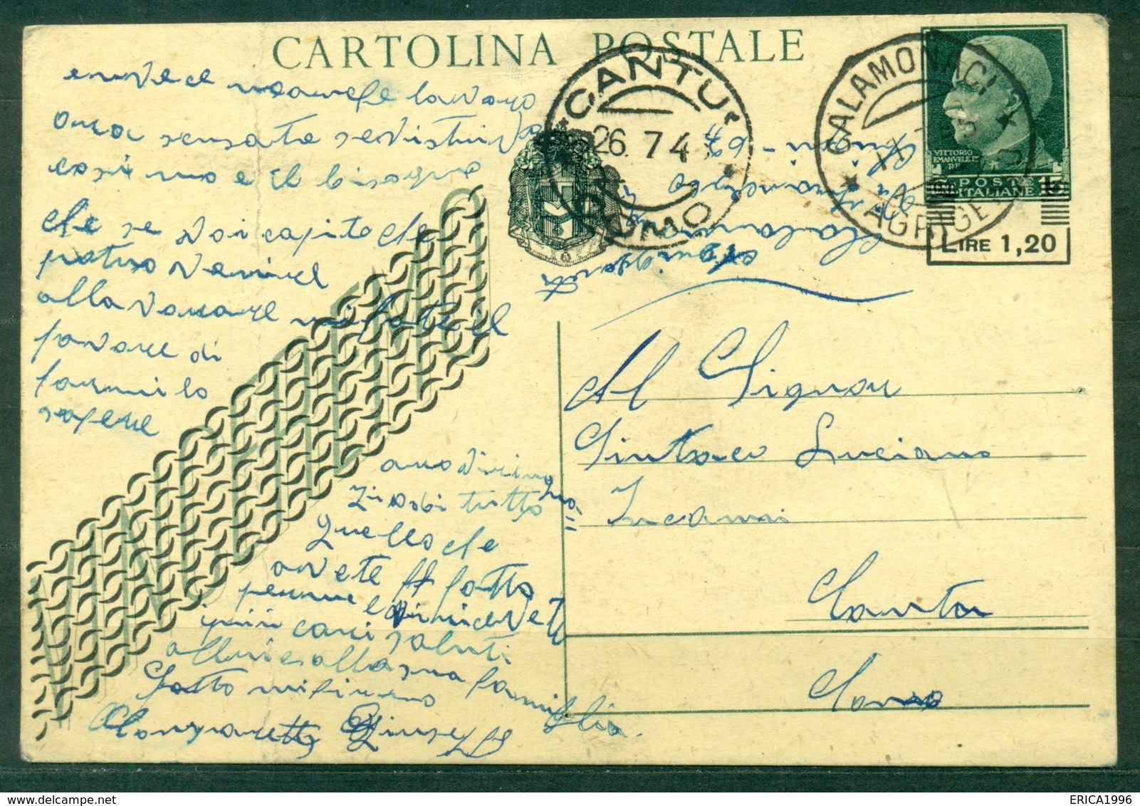 Z556 ITALIA LUOGOTENENZA 1945 Cartolina Postale L.1,20 Su 15 C. (Fil. C116A) Da Calamonaci (AG) 26.7.45 Per Cantù (Como) - Storia Postale