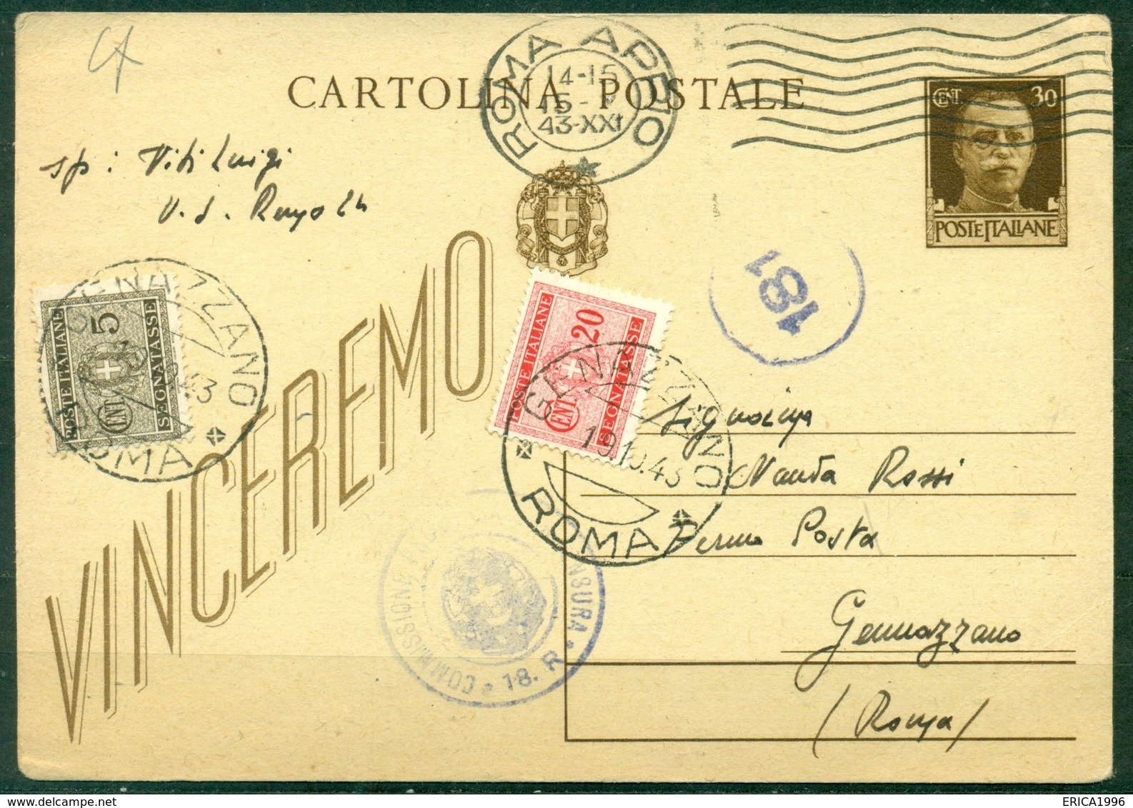 Z1236 ITALIA RSI 1943 Cartolina Postale Vinceremo 30 C. Spedita FERMO POSTA Da Roma 15.10.43 Per Genazzano E Tassata - Interi Postali