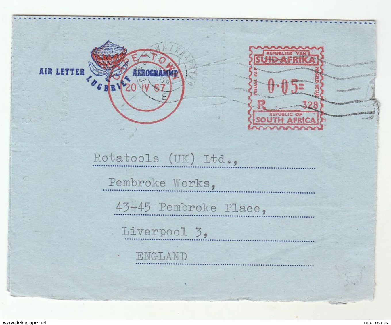 1967 South Africa AEROGRAMME 0.05 R328 METER Stamps Belleville Cape Town To Liverpool GB - Covers & Documents