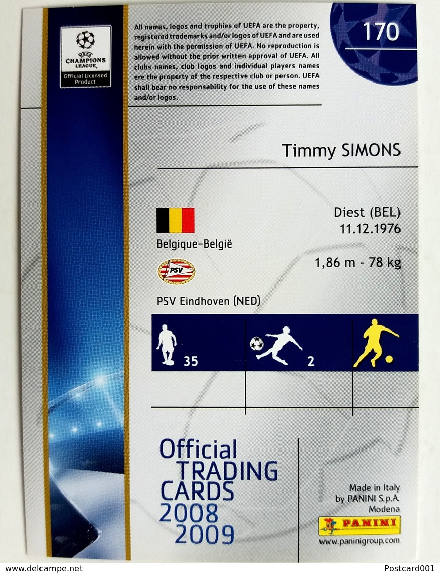 Timmy Simons (BEL) Team PSV Eindhoven (NED) - Official Trading Card Champions League 2008-2009, Panini Italy - Singles