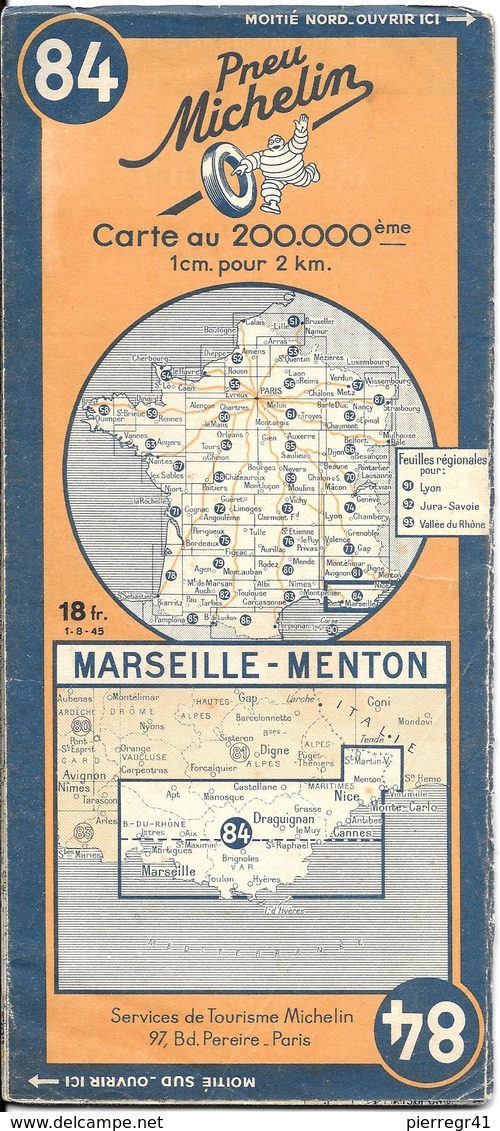 CARTE-ROUTIERE-MICHELIN-N °84-1945-MARSEILLE-MENTON - Avec Zone Non Déminée-Pas Déchirée-Tres RARE - Cartes Routières