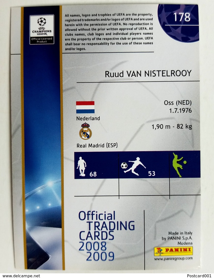 Ruud Van Nistelrooy (NED) Team Real Madrid (ESP) - Official Trading Card Champions League 2008-2009, Panini Italy - Singles (Simples)