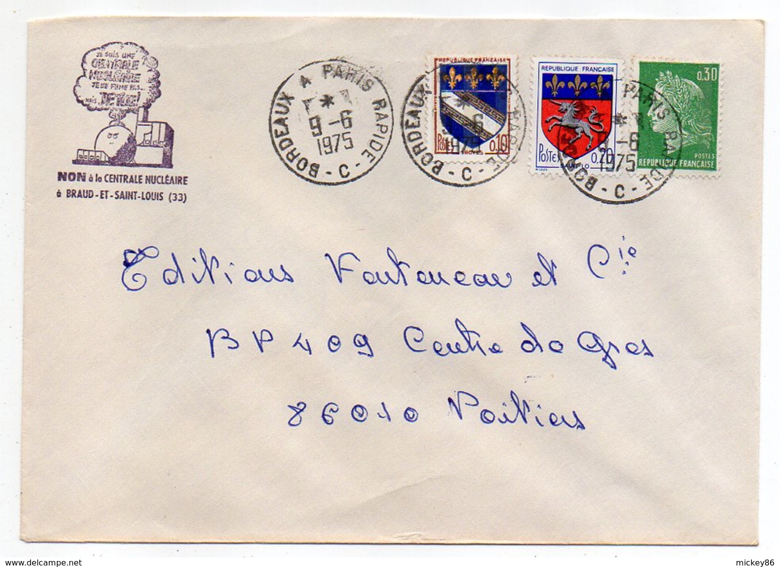 1975-Lettre Pour Poitiers-86-cachet Rond Ambulant"Bx à PARIS RAPIDE-C"-type Marianne Cheffer+blasons-BRAUD & St LOUIS-33 - 1961-....