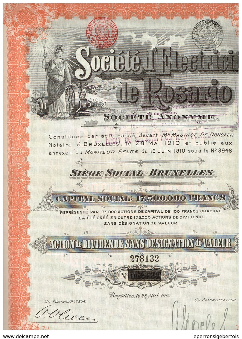 Action Ancienne Société D'Electricité De ROSARIO Action De Dividende - Titre De 1910 Rare - Electricité & Gaz