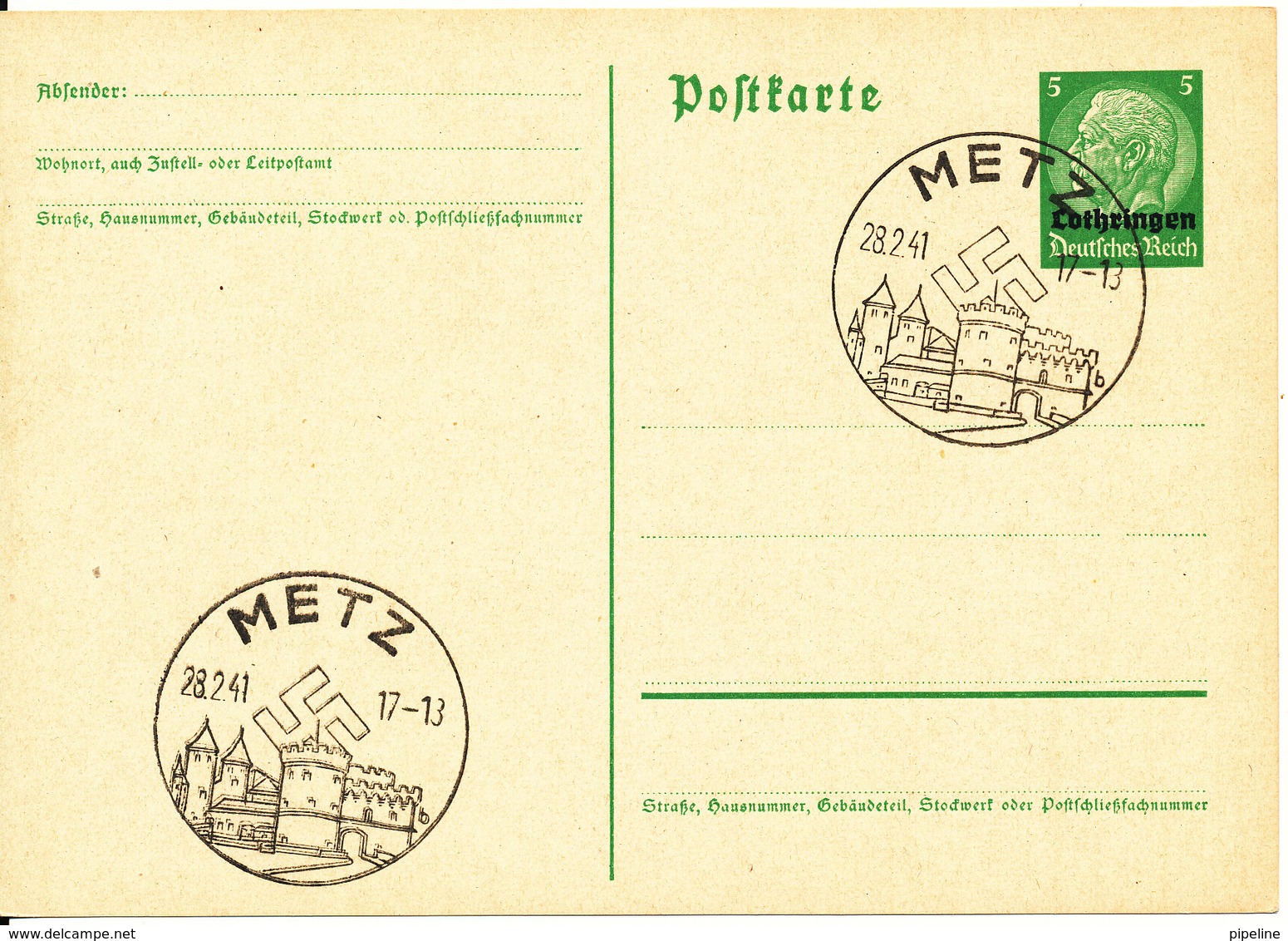 Germany Third Reich Postal Stationery Postkarte Lothringen Metz 28-2-1941 - Covers & Documents