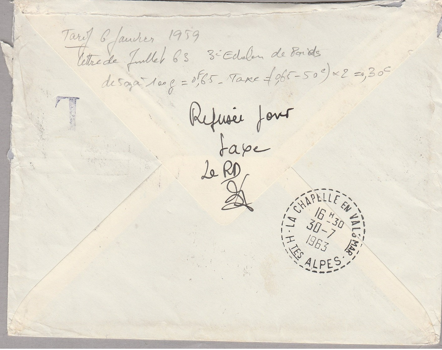 LSC 1963- Lettre Taxée Avec YT 91 & YT 92 - Griffe Refusé - Cachet Perlé " La Chapelle En Valgaudémar " - 1960-.... Storia Postale