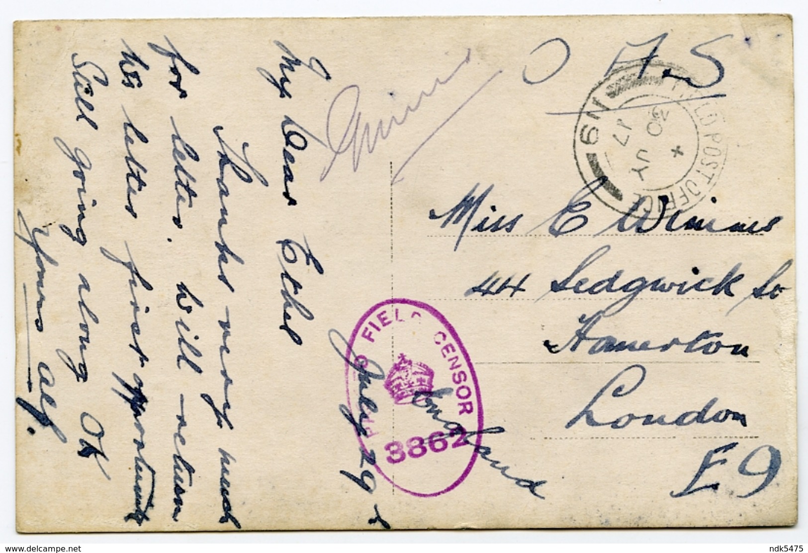 PRETTY GIRL WITH FLOWERS / POSTMARK - FIELD POST OFFICE 119 / ADDRESS - LONDON, HOMERTON, SEDGWICK STREET - Women