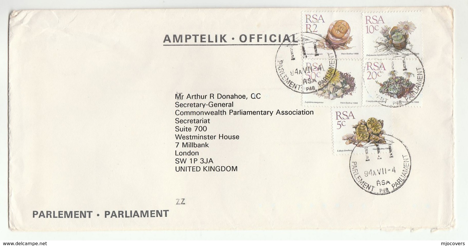 'PARLIAMENT' Pmk SOUTH AFRICA  Stamps OFFICIAL PARLIAMENT Cover To Commonwealth Parliamentary Association London GB - Covers & Documents