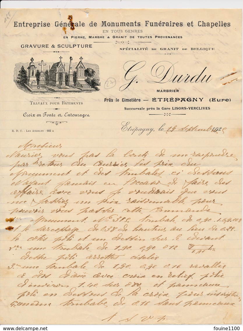 Facture Monuments Funéraires Marbre Gravure Sculpture DURDU  Près Le Cimetière à ETREPAGNY  27 Eure - 1900 – 1949