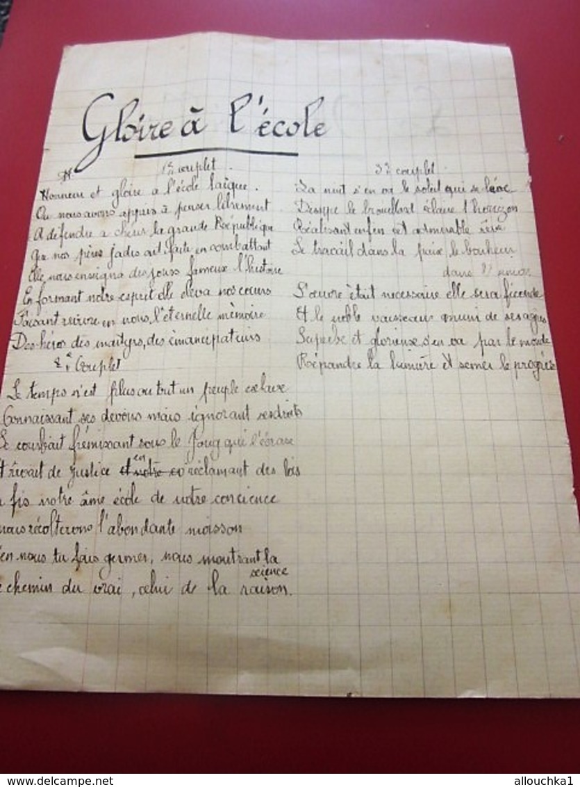 LA MARSEILLAISE - HYMNE à La LIBERTÉ -GLOIRE à L'ECOLE - MANUSCRIT SUR PAGES CAHIER D'ÉCOLE écriture Porte Plume Encre - Manuscrits