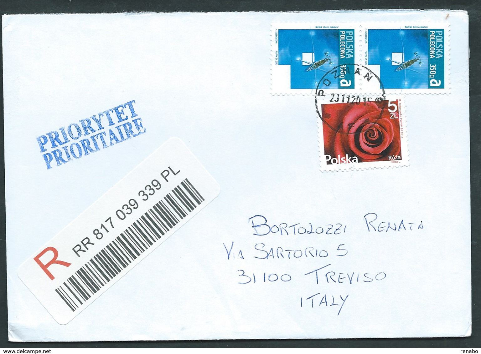 Polonia, Polska, Poland 2015; Stampworld Con Insetto + Blumen Rose. Registered To Italy. - Storia Postale