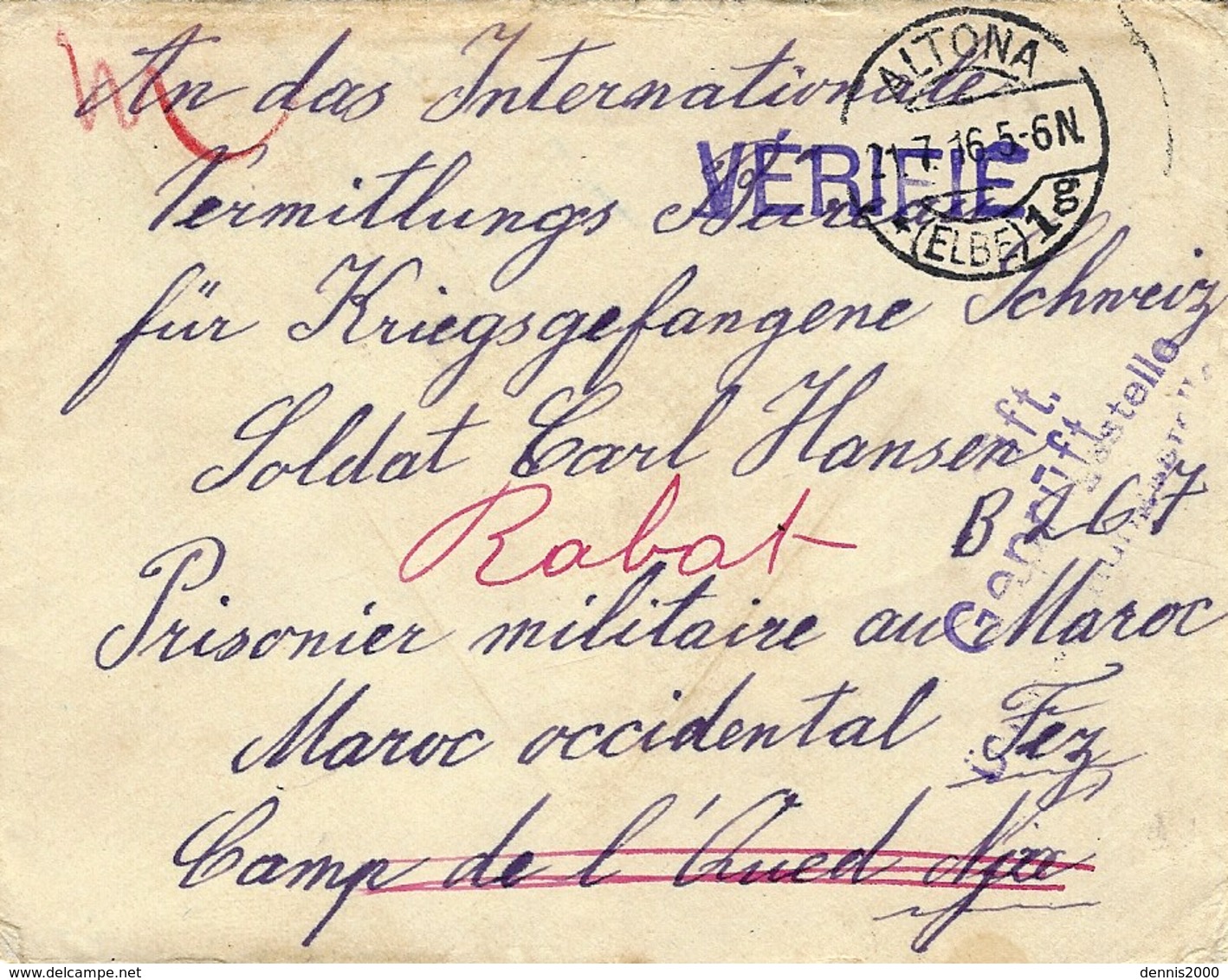 WWI-1916- Cover From ALTONA To A German War Prisoner At RABAT ( Morocco ) - Covers & Documents