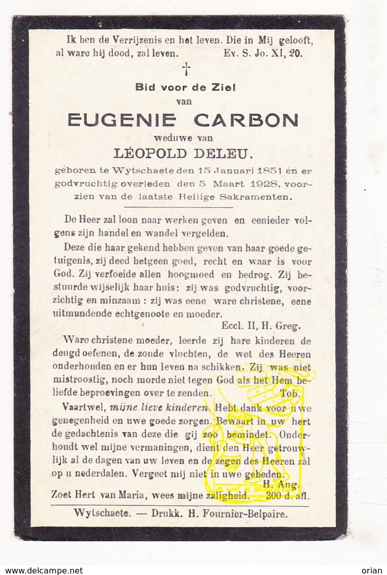 DP Eugenie Carbon ° Wijtschate Heuvelland 1851 † 1928 X Leopold Deleu - Images Religieuses