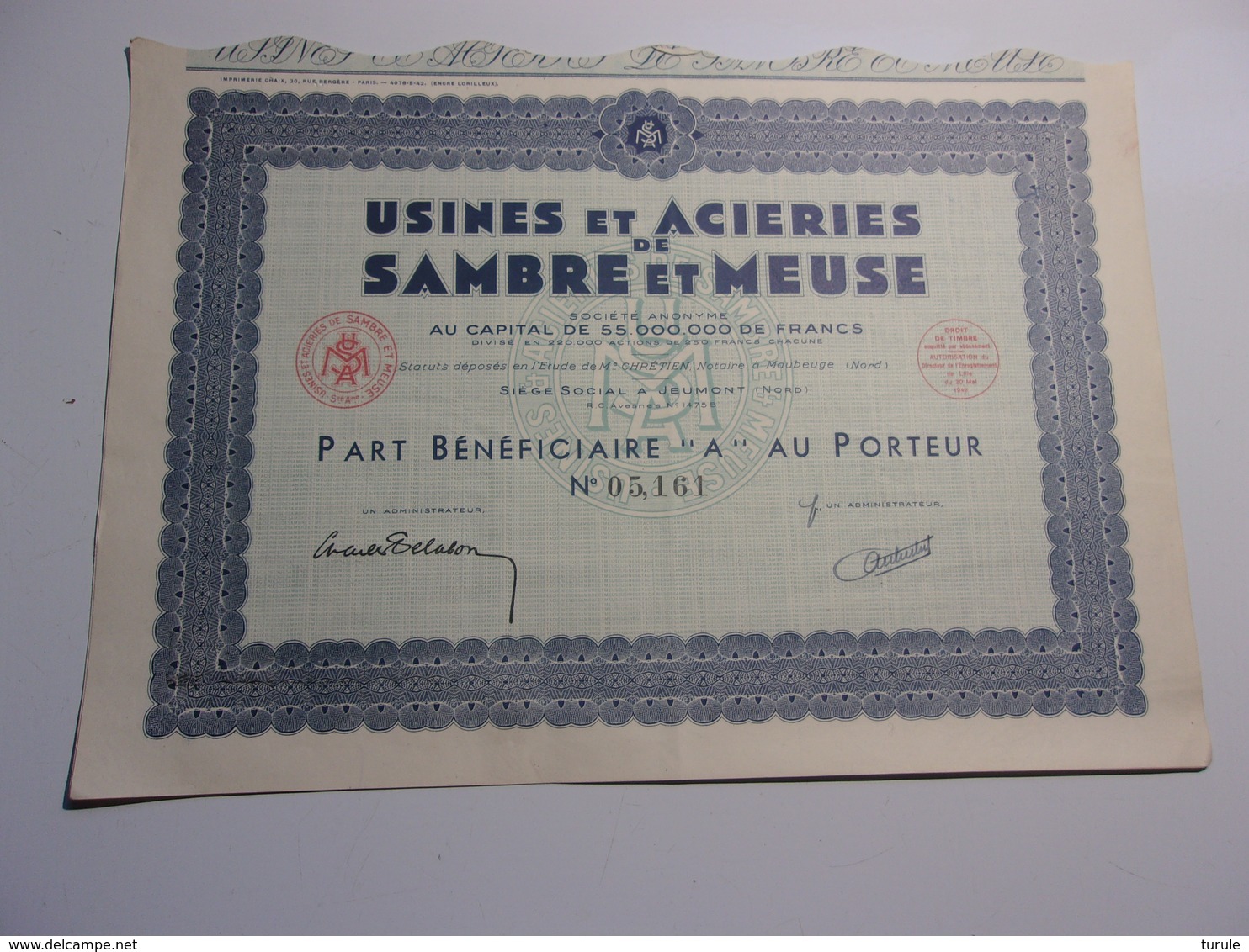 Usines Et Acieries De SAMBRE ET MEUSE (1942) Jeumont,nord - Autres & Non Classés