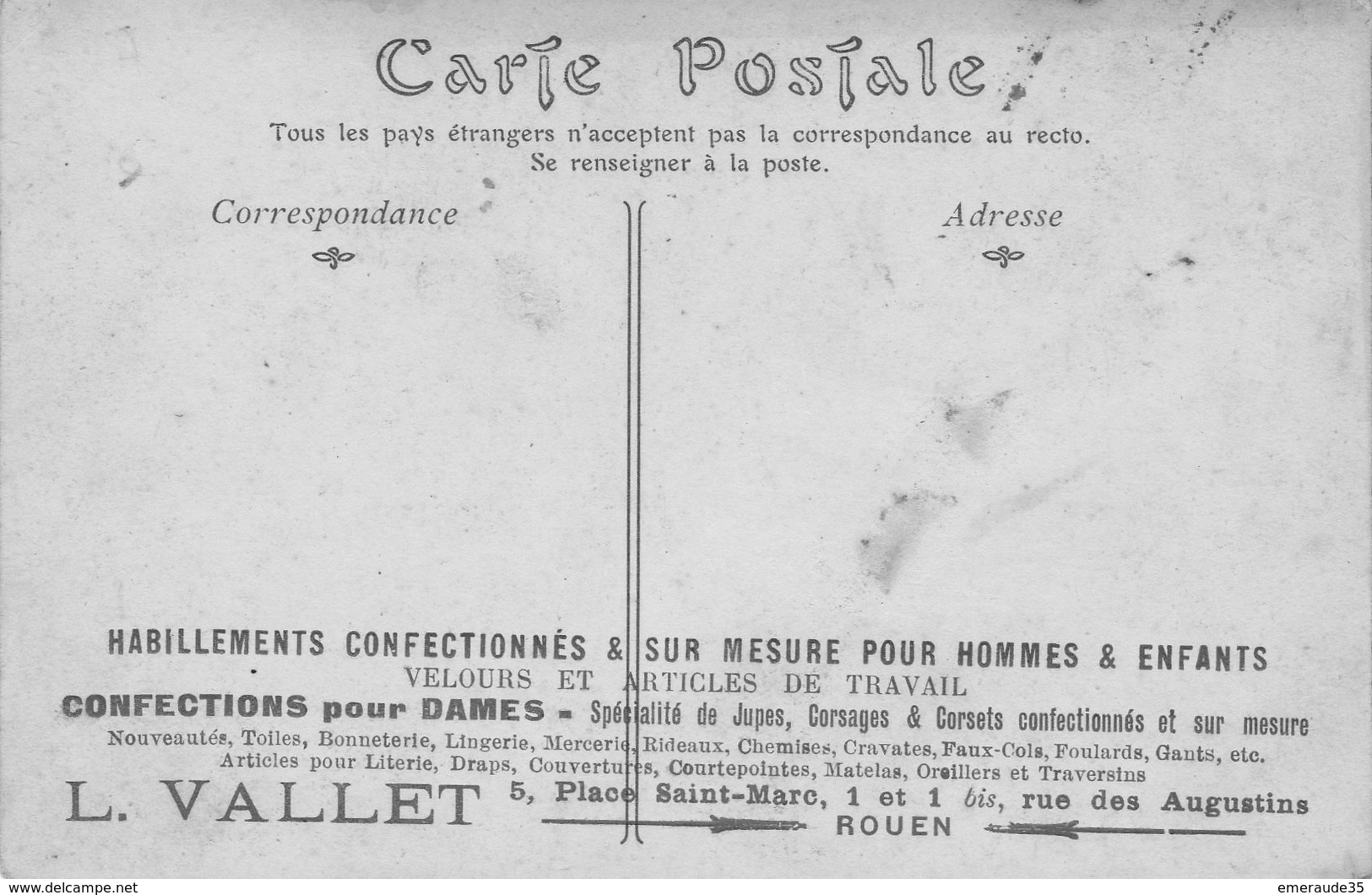 DIEPPE  (carte Publicitaire Au Verso ) L. VALLET Habillement à ROUEN - Dieppe