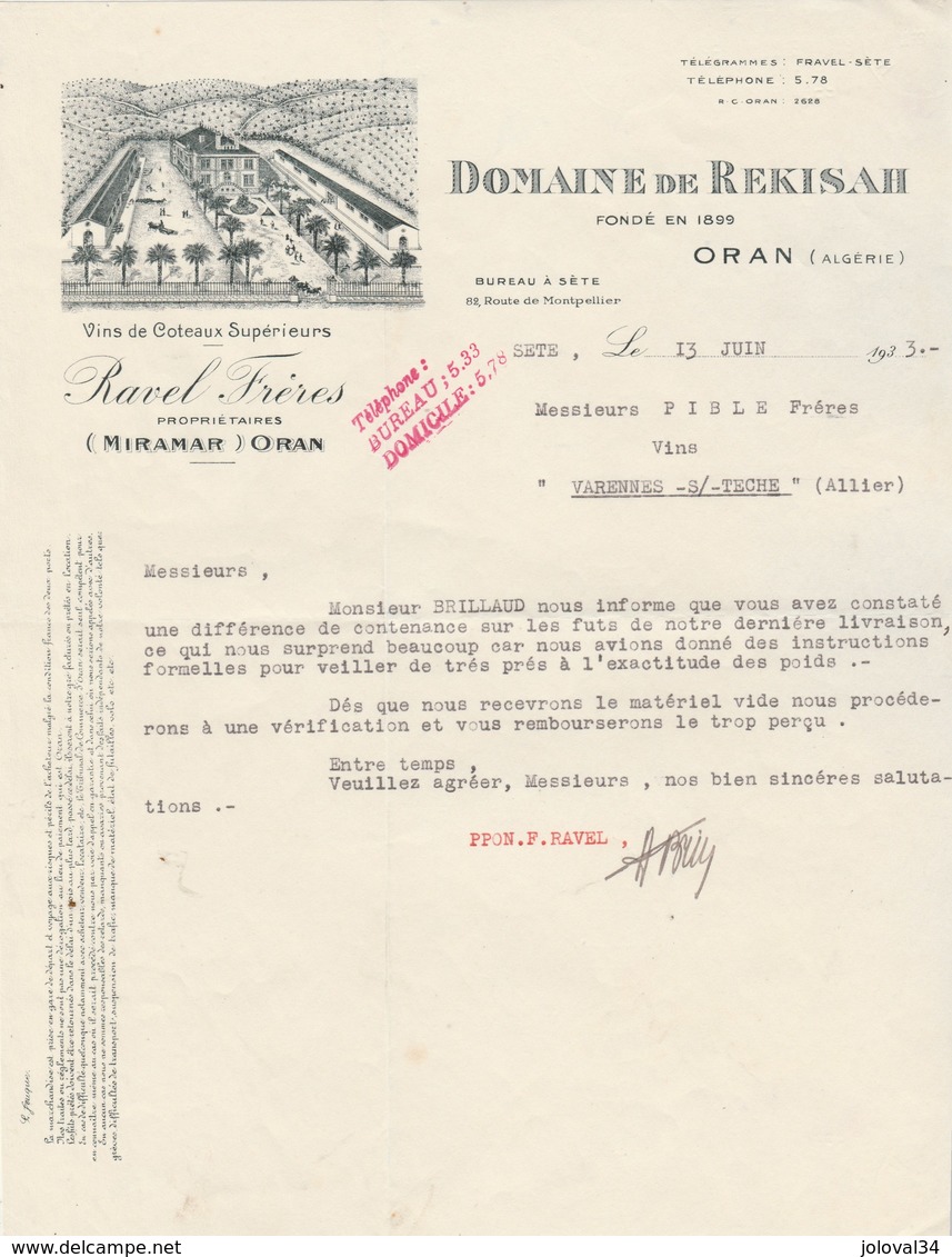 Algérie Facture Lettre Illustrée 13/6/1933 Domaine De Rekisah ORAN - RAVEL Frères Bureau à Sète Hérault - Autres & Non Classés