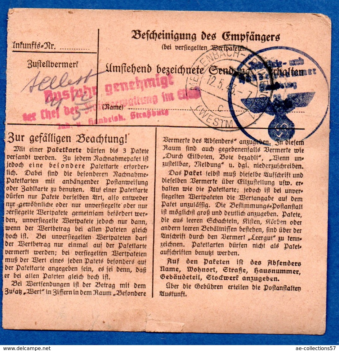 Colis Postal  /  Départ Strasbourg - Schiltigheim / 10-05-43 - Briefe U. Dokumente