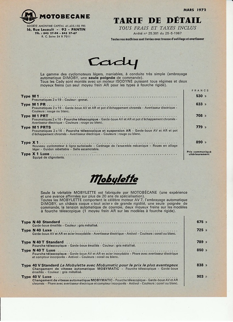 Tarif MOTOBECANE MARS 1972 Cady M1 X1 Mobylette 40 50 85 88 92 Vélomoteurs 75 125 - Other & Unclassified