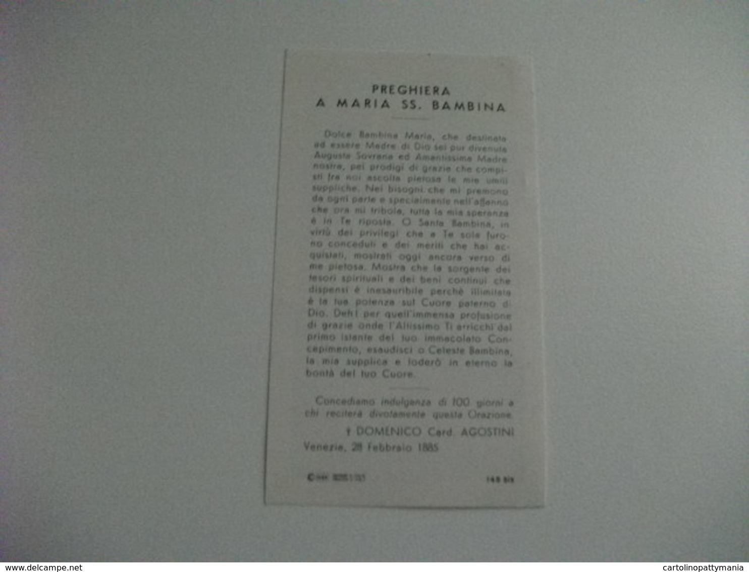 SANTINO HOLY CARD PREGHIERA A MARIA SS. BAMBINA - Religione & Esoterismo