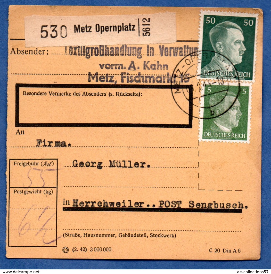 Colis Postal  /  Départ Metz Opernplatz / Pour Herrschweiler Post Sengbusch ( Seingbouse ) / 7-01-43 - Lettres & Documents