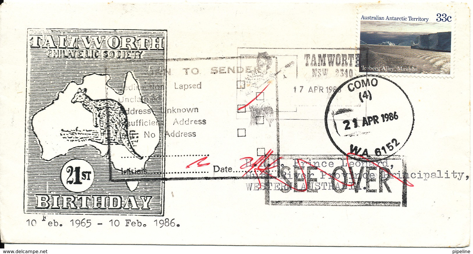 Australia Cover Tamworth 17-4-1986 Single Franked And Returned Como 21-4-1986 - Storia Postale