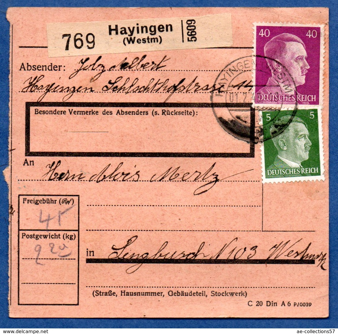 Colis Postal  /  Départ Hayingen ( Hayange ) / Pour Sengbusch ( Seingbouse ) / 1-02-43 - Lettres & Documents