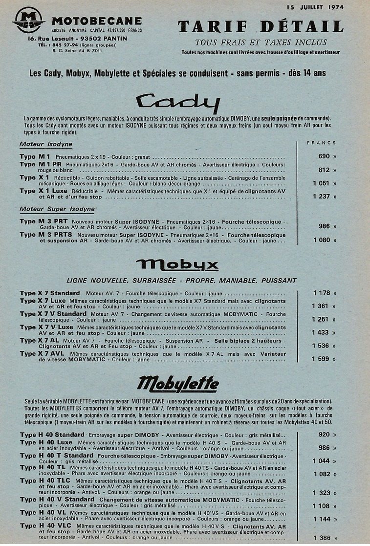 Tarif MOTOBECANE 15 JUILLET1974 Cady MOBYX Mobylette 40 50 85 88 92 93 94 99 Vélomoteurs 75 125 - Other & Unclassified