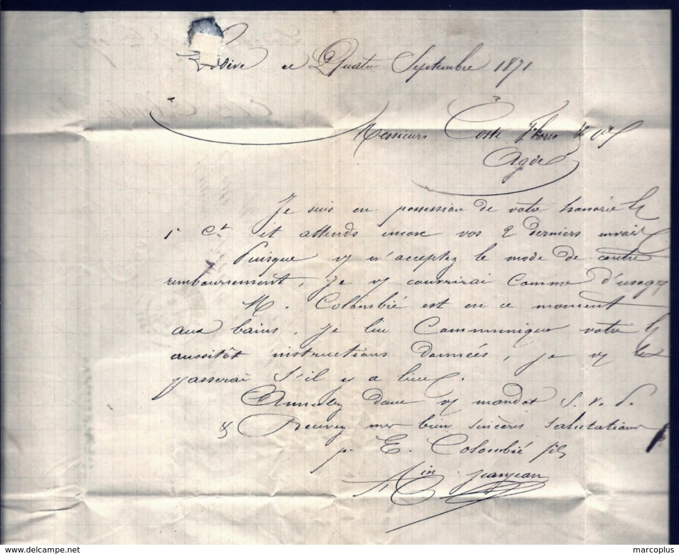 LET 1- LETTRE TIMBRAGE 4 SEPTEMBRE 1871 AVEC EMPIRE N° 20 + CÉRÈS SIÈGE N° 37- GC N° 2068 + CAD LODEVE- 4 SCANS - 1849-1876: Période Classique