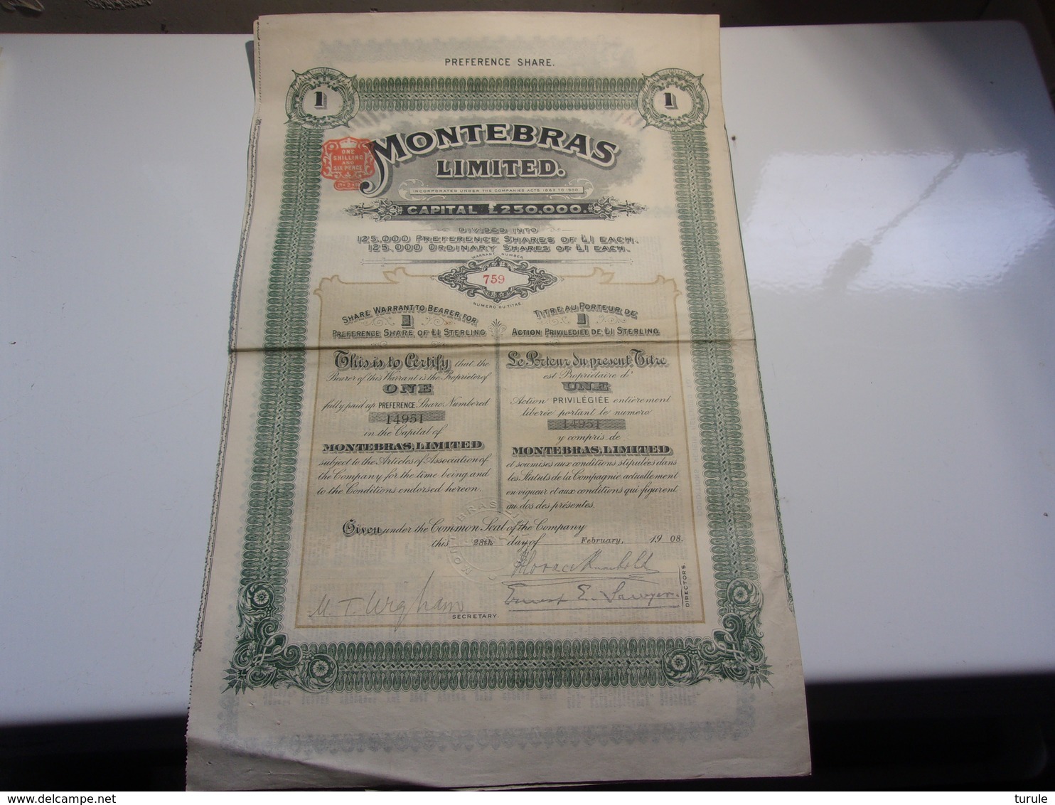 MONTEBRAS Limited , Mine A SOUMANS (creuse) 1908 - Autres & Non Classés