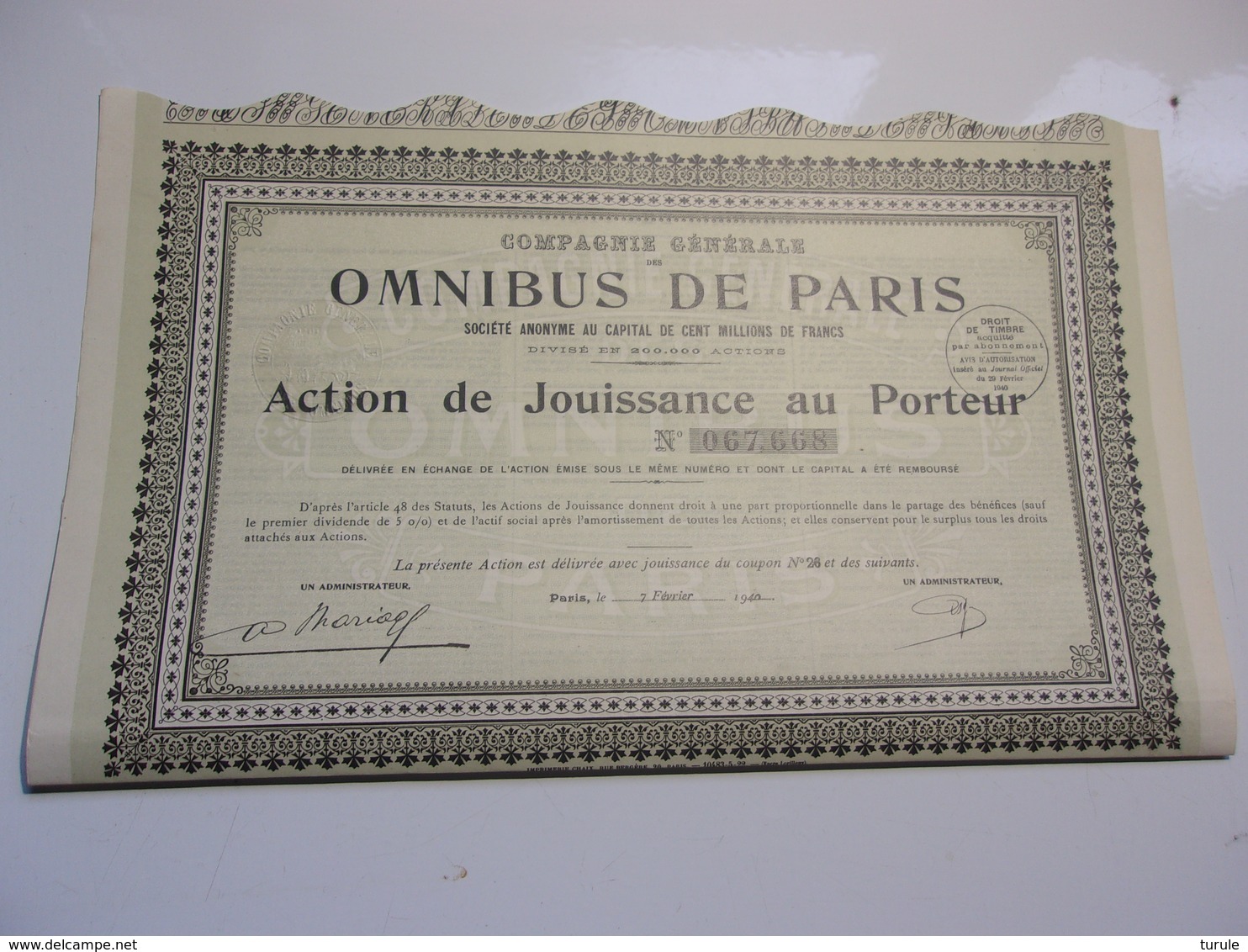 Compagnie Générale Des OMNIBUS DE PARIS (1940) - Autres & Non Classés