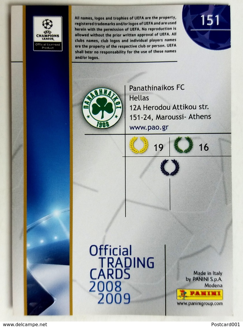 Panathinaikos FC Greece - Official Trading Card Champions League 2008-2009, Panini Italy - Singles