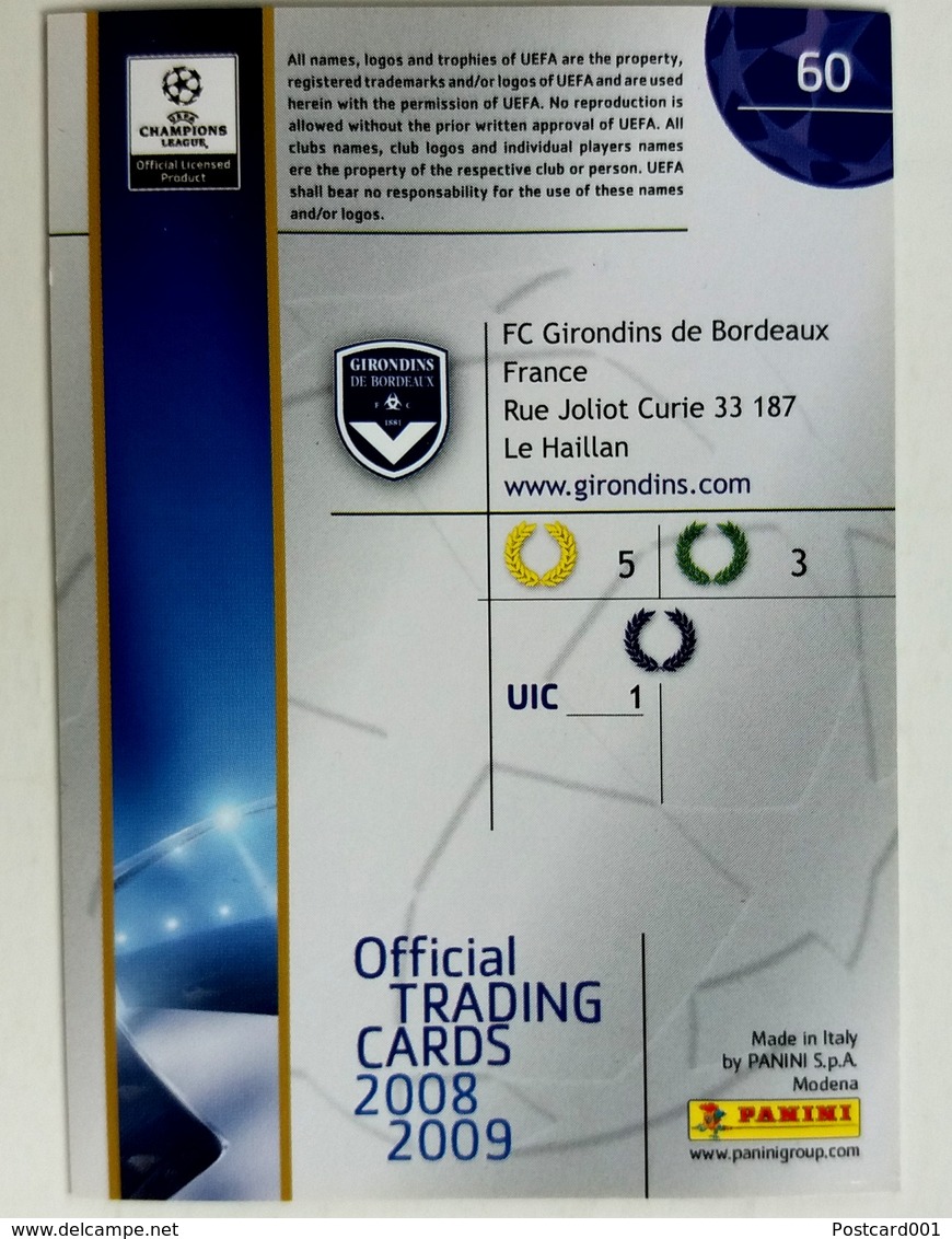 FC Girondins De Bordeaux France - Official Trading Card Champions League 2008-2009, Panini Italy - Einfach