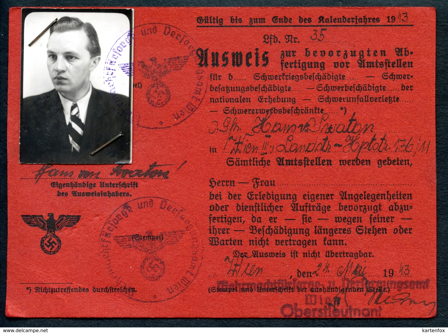 Ausweis, 1943, Wien,zur Bevorzugten Abfertigung Vor Amtsstellen,2. Weltkrieg,Versorgungsamt, Wehrmachtsfürsorge....TOP - Dokumente
