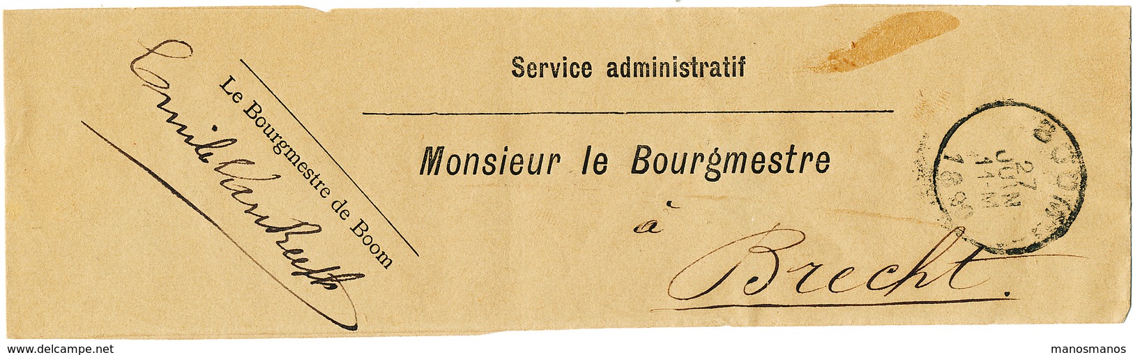 748/28 - Bande IMPRIMEE En FRANCHISE - Le Bourgmestre De BOOM 1890 Vers BRECHT - Franchise