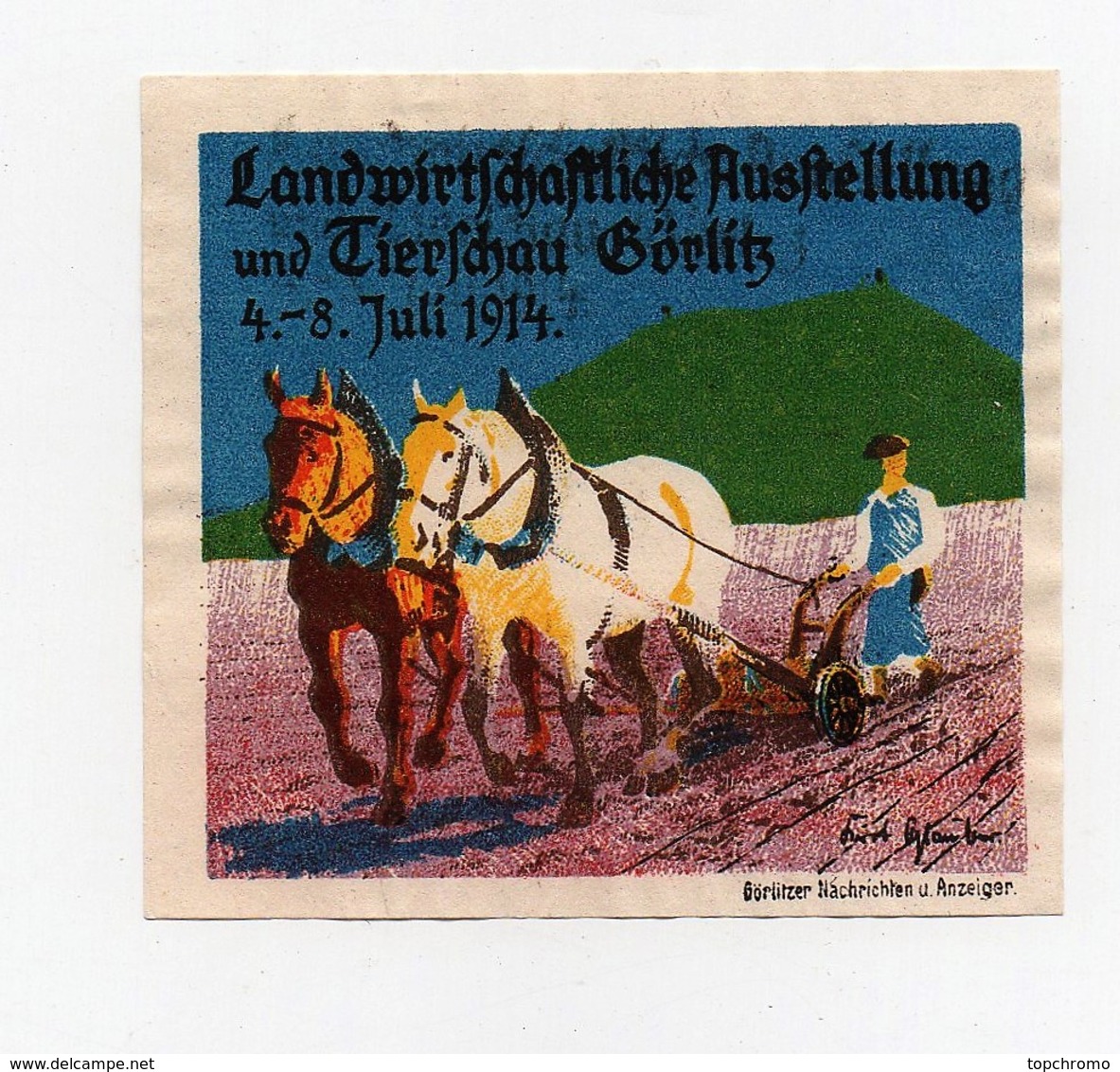 Erinnophilie Vignette Landwirtschaftliche Ausstellung Und Tierschau Görlitz Paysan Labour Charrue 1914 - Autres & Non Classés