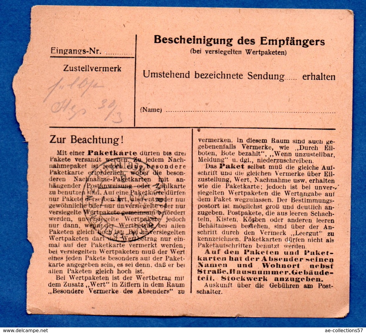 Colis Postal  /  Départ Molsheim / 29-3-44 - Covers & Documents