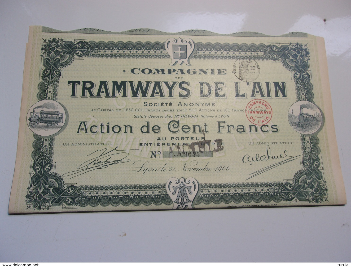 TRAMWAYS DE L'AIN (action 100 Francs) 1906 - Autres & Non Classés