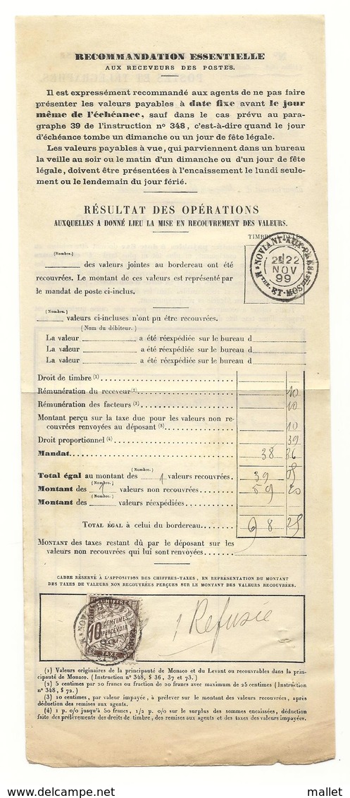 Bordereau Valeurs à Recouvrer - 1899 - Pont à Mousson / Noviant Aux Prés - Refusé - Taxé à 10 Cts - 1859-1959 Covers & Documents