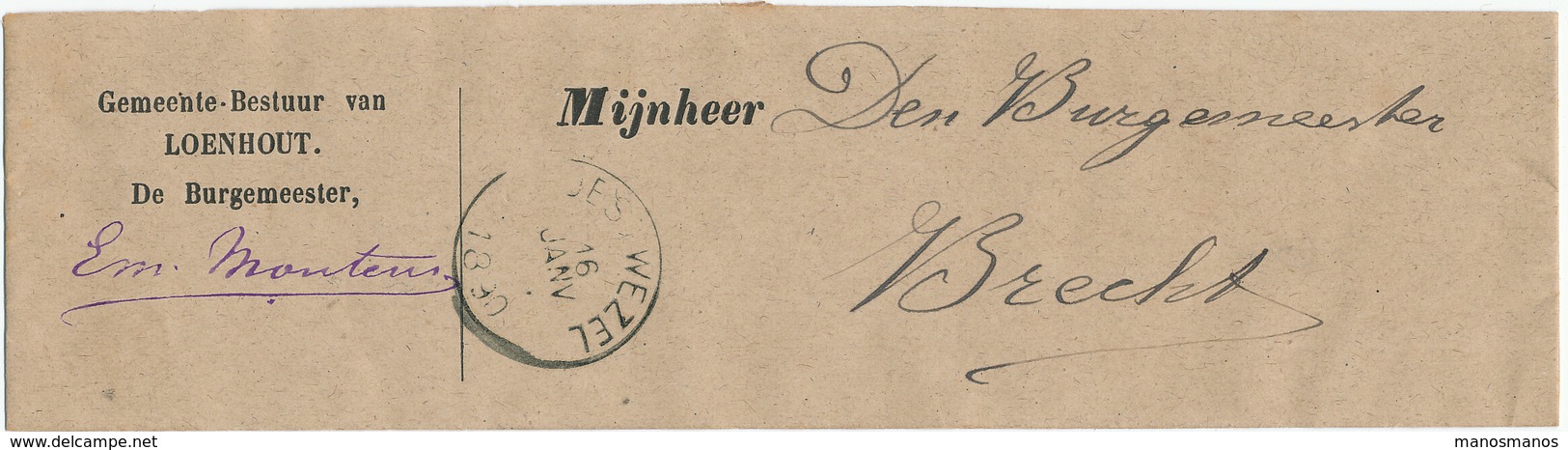 765/28 - Bande IMPRIMEE En FRANCHISE - De Burgemeester Van LOENHOUT Via WUESTWEZEL 1890 Vers BRECHT - Franchise