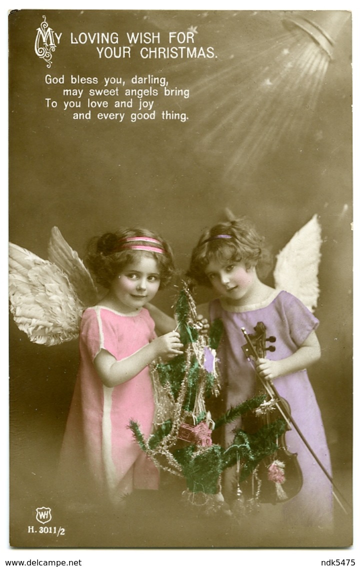 MY LOVING WISH FOR YOUR CHRISTMAS : TWO PRETTY GIRLS - ANGELS, WITH CHRISTMAS TREE AND VIOLIN (HAND COLOURED) - Other & Unclassified