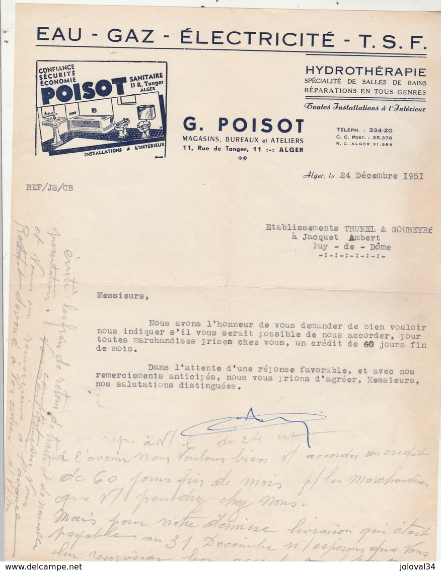 Algérie Facture Lettre Illustrée 24/12/1951 G POISOT Hydrothérapie Eau Gaz électricité TSF ALGER - Autres & Non Classés