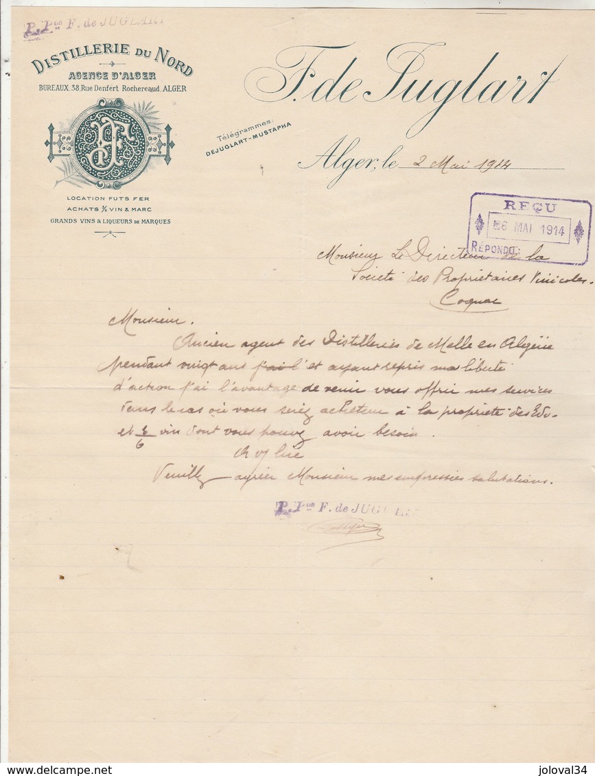 Algérie Facture Lettre Illustrée 2/5/1914 F De JUGLART Distillerie Du Nord ALGER - Autres & Non Classés