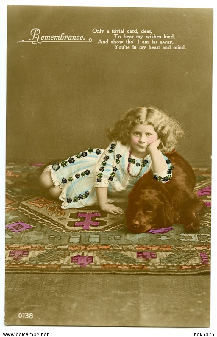 REMEMBRANCE : PRETTY GIRL LYING ON CARPET WITH DOG (HAND COLOURED / GLITTER) - Other & Unclassified