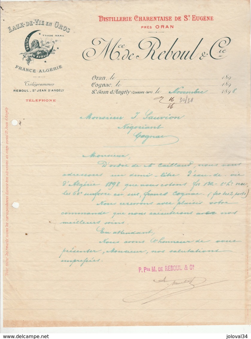 Algérie Lettre Illustrée 1898 M De REBOUL & Cie Distillerie Charentaise De St Eugène Près ORAN  - St Jean D'Angély - Autres & Non Classés