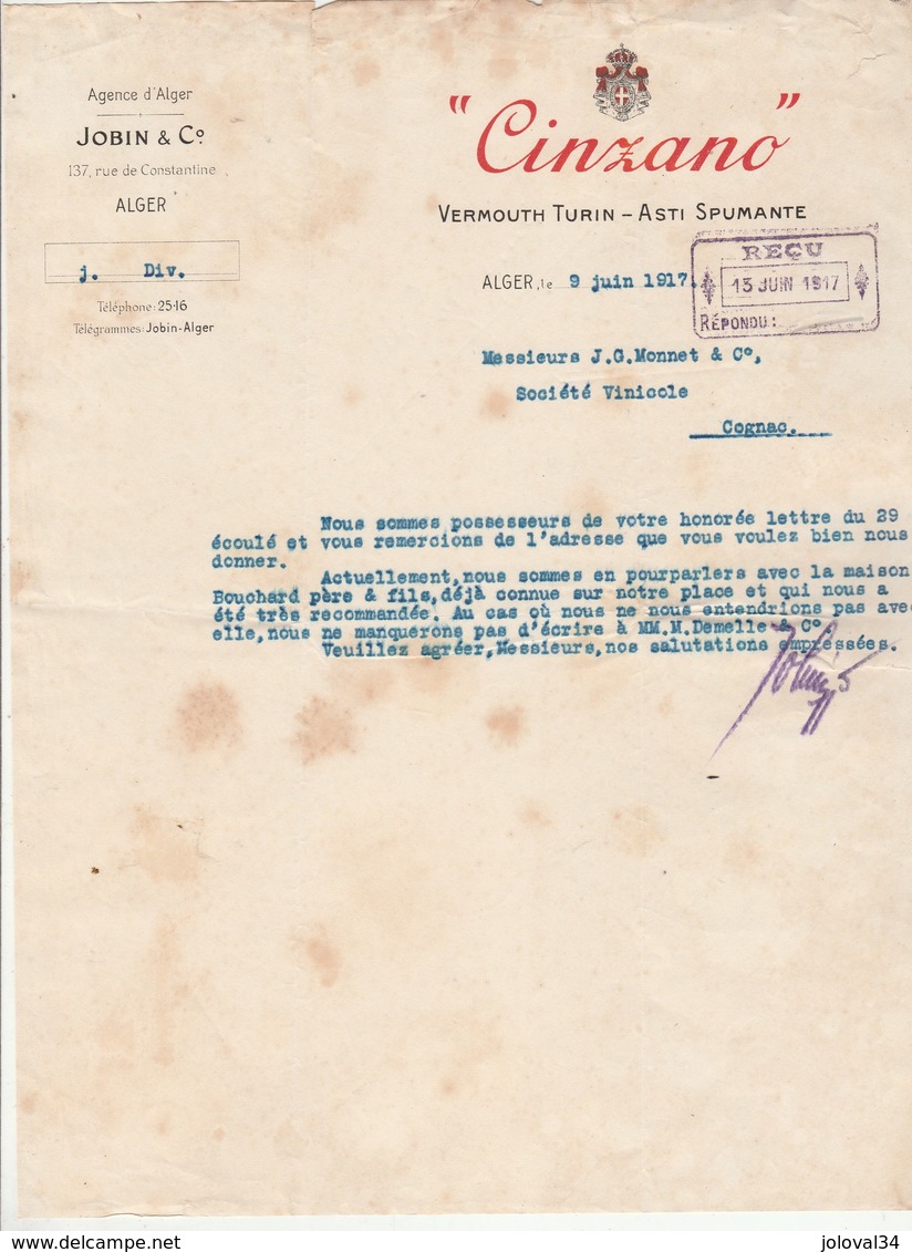 Algérie Lettre 9/6/1917 JOBIN & Co CINZANO Vermouth Turin Asti Spumante ALGER - Autres & Non Classés