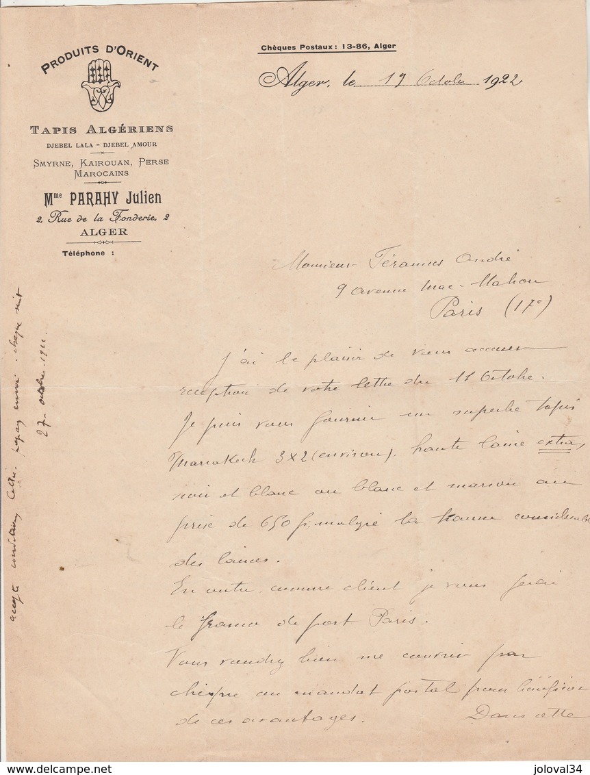 Algérie Lettre 19/10/1922 Mme PARAHY Julien Produits D' Orient Tapis Algériens  ALGER - Autres & Non Classés